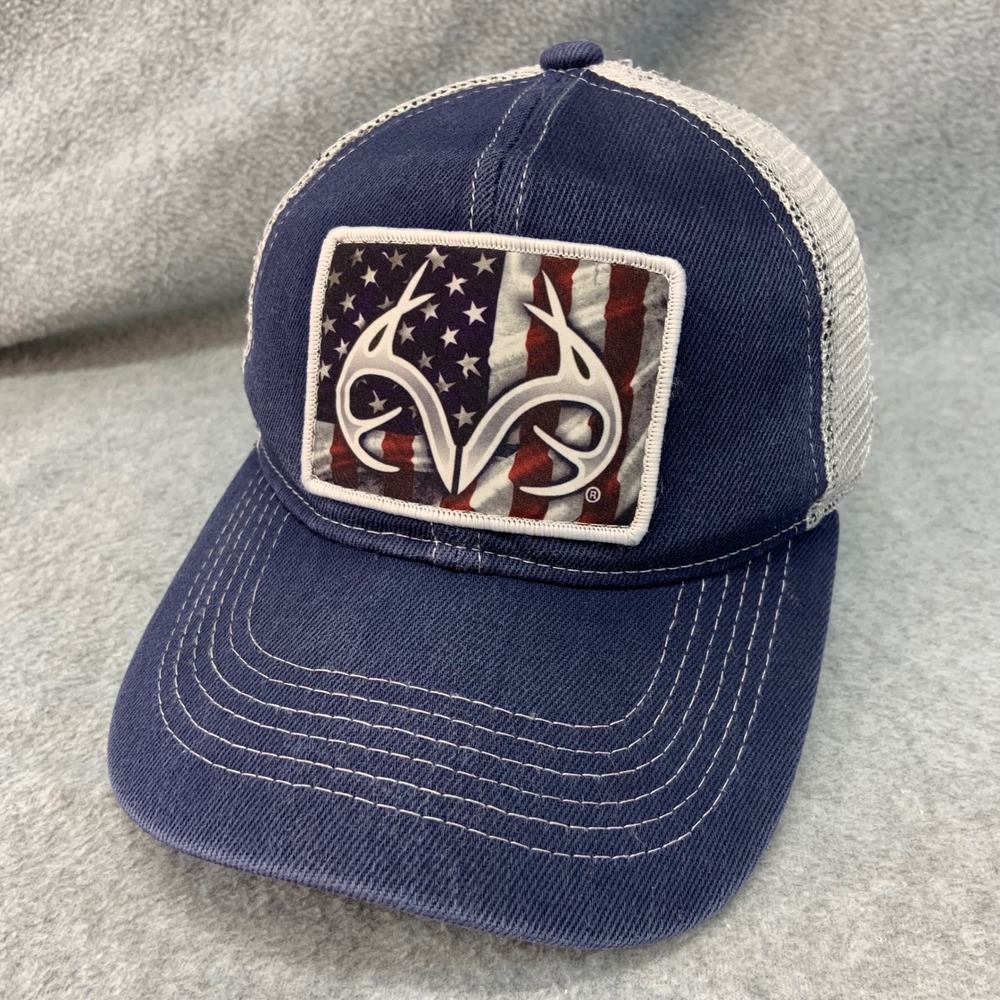 USA Flag Antler Logo Mens Blue Realtree Trucker Hat Mesh Snapback OSFM